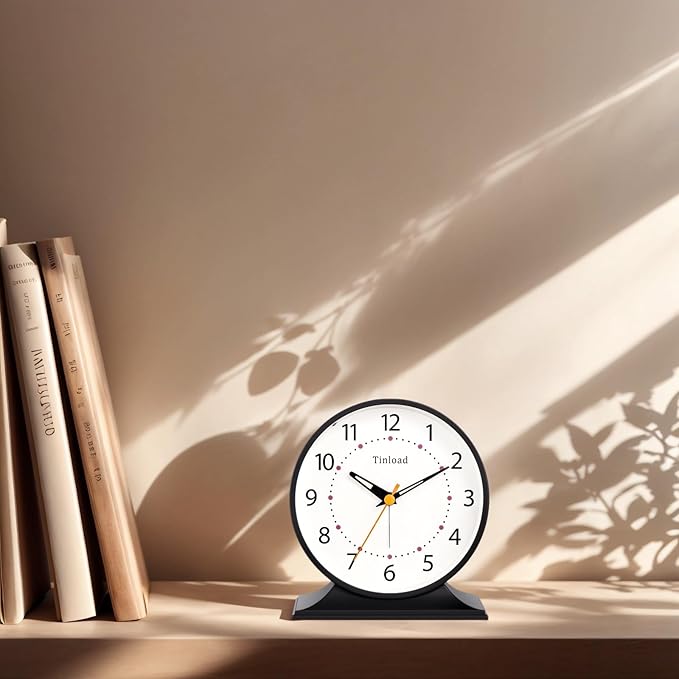 Tinload 4.5" Antique Retro Analog Alarm Clock, Small Silent Bedside Desk Clock with Manual Light, Battery Operated, Snooze, for Living Room, Bedroom, Bedside, Desk(Black)