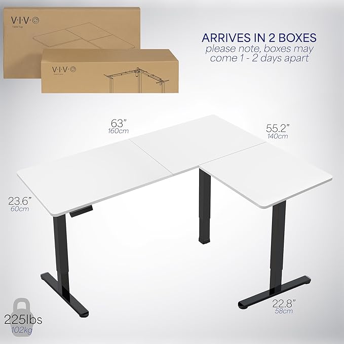 VIVO Electric Corner 63 x 55 inch L-Shaped Standing Desk, Memory Height Adjustment, White Top Black Frame, DESK-E3CTBW