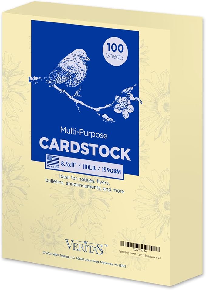 Cream Cardstock Paper, 110lb/199gsm Heavy Cardstock, Colored Multi-Purpose paper, 8.5" x 11" 100 Sheets (1 Reams) Computer Paper, Made in USA