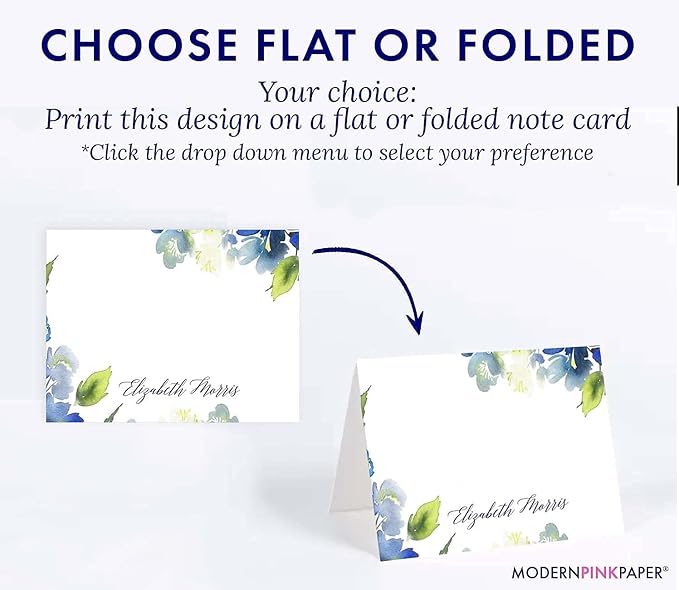 Personalized Floral Stationary with Envelopes, FLAT OR FOLDED, Watercolor Floral Stationery Set for Women, Blue and Green Personalized Floral Notecards with Envelopes, Choice of Colors and Quantity