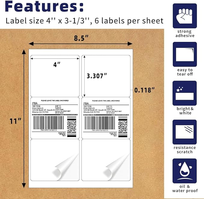 POLYSELLS Self Adhesive 3-1/3'' x 4'' Address Shipping Labels, 6UP White Sticker FBA Labels, Inkjet/Laser Printer Compatible, 6 Labels/Sheet, 100 Sheets/600 Labels, (LS6UPW100)