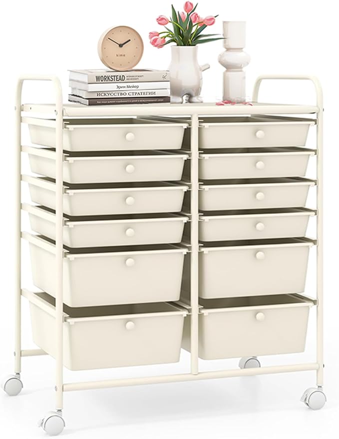 LDAILY 12 Drawer Rolling Storage Cart, Craft Cart Organizer on Wheels w/Metal Frame, Large Capacity & Smooth Drawer, Rolling Cart w/Drawers for Classroom, Office
