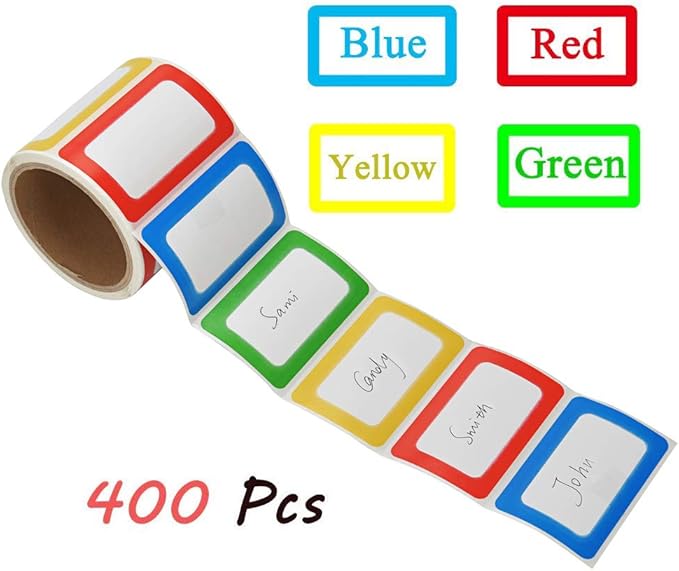 MFLABEL® 400 Colorful Name Tags - 3.5"x2.25" Organization Stickers (Red/Yellow/Blue/Green) | Durable, Waterproof & Peel-Stick for Home, Parties | Non-Toxic Adhesive for Clothes