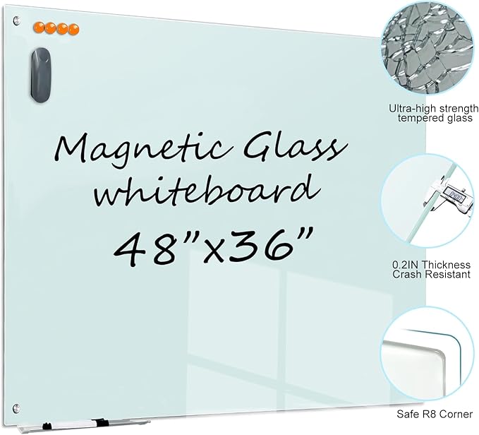 Glass Dry Erase White Board - 48"X36" Magnetic Whiteboard Large Frameless Boards with Super Strong Magnets for Office, School and Home Wall