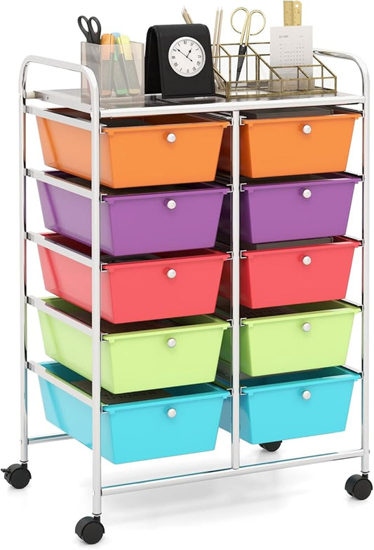 HAPPYGRILL 10-Drawer Rolling Storage Cart, Storage Organizer Cart with Lockable Wheels, Beauty Salon Movable Utility Cart for School, Office, Home, (Colorful)