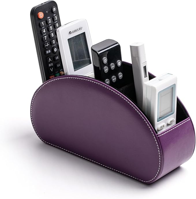 Remote Control Holders Organizer Box with 5 Compartment PU Leather Multi-functional Office Desk Storage Caddy Store Tv Remote for Media Player,Brush,Pencil,Glassees&Office Supplies (Dark purple)