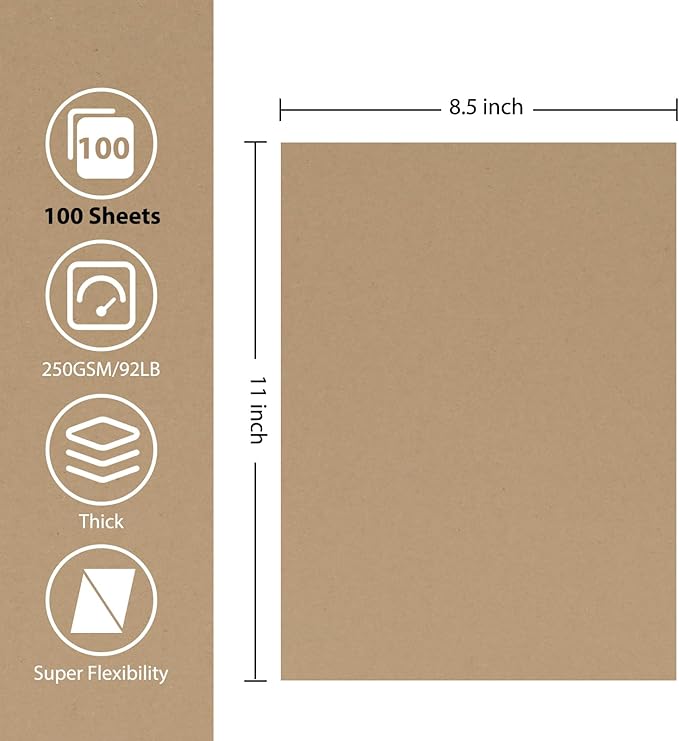 OcePor 100 Sheets Brown Cardstock Paper, Colored Printer Paper 8.5 x 11, Card Stock Thick Construction for Craft,Scrapbook，Office Printing, Invitations, Certificates，92 lb/250gsm