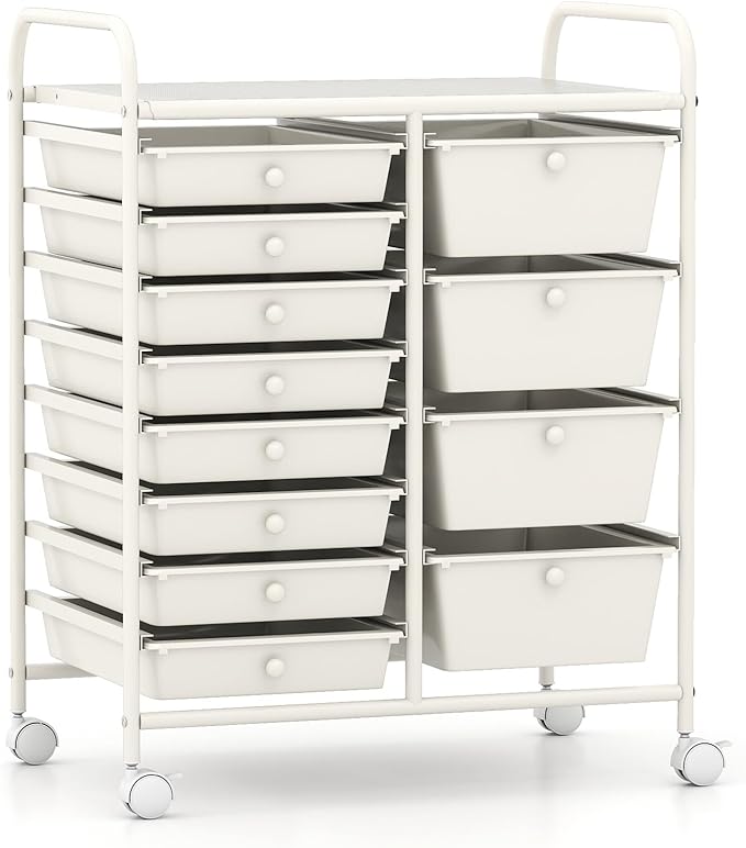 LDAILY 12 Drawer Rolling Storage Cart, Rolling Cart with Drawers for Classroom, Art Supply Craft Organizer on Wheel with Metal Frame & Handles for Home Office School (White, 12 Drawer Left-Right)