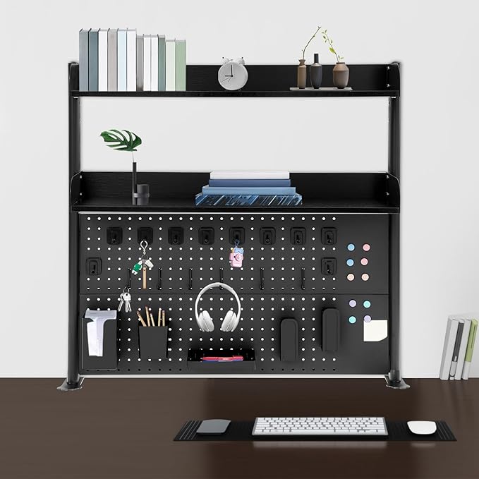Dlinanta Clamp-On Pegboard Desk Organizer, 2-Tier Clamp On Desk Shelf with Hooks, Office Accessory Organizer for Books, Office Supplies & DIY Storage, 16.5lbs Capacity, 39.37" x 37.4", Black