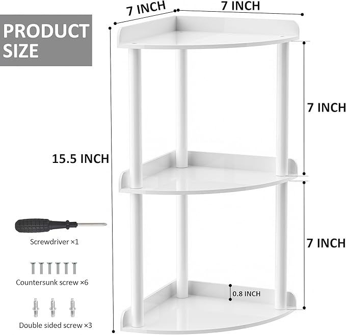 Sezanrpt 3 Tier Countertop Corner Organizer Shelf 7x7x15.7 Inch, White Countertop Acrylic Bathroom Corner Shelf, Vanity Storage Organizer for Cosmetics, Toiletries