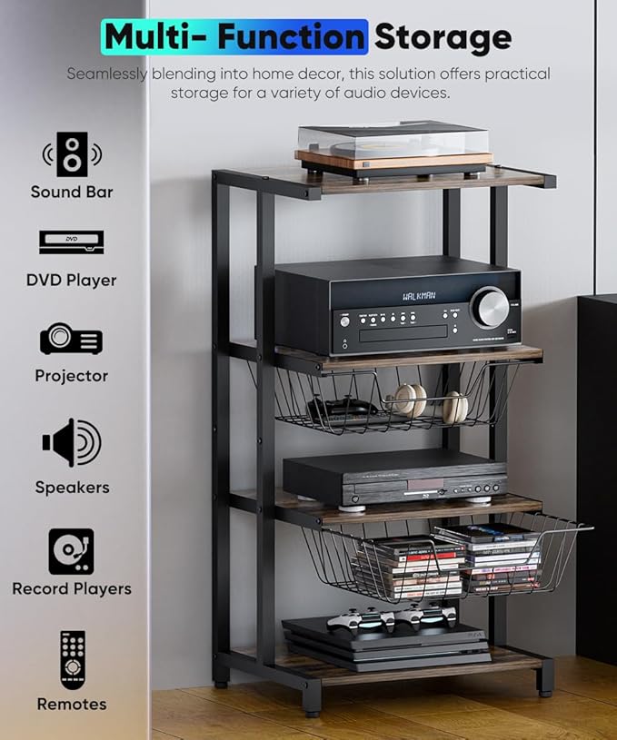 Ardier Media Stand with Two Detachable Baskets, 4-Tier AV Media Stand Corner Shelf for DVD Players/Cable Boxes/Games Consoles, Audio Storage Rack for Living Room, Gaming Room, Music Studio, Black