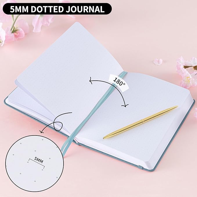 Crein Lynh Dot Grid Journal with 160GSM Thick Paper, 192 Pages, A5 Dotted Notebook for Work, School, Travel | 180° Lay Flat, Foil Stamped Cover, Elastic Band, 2 Bookmarks & Inner Pocket,Dark Green