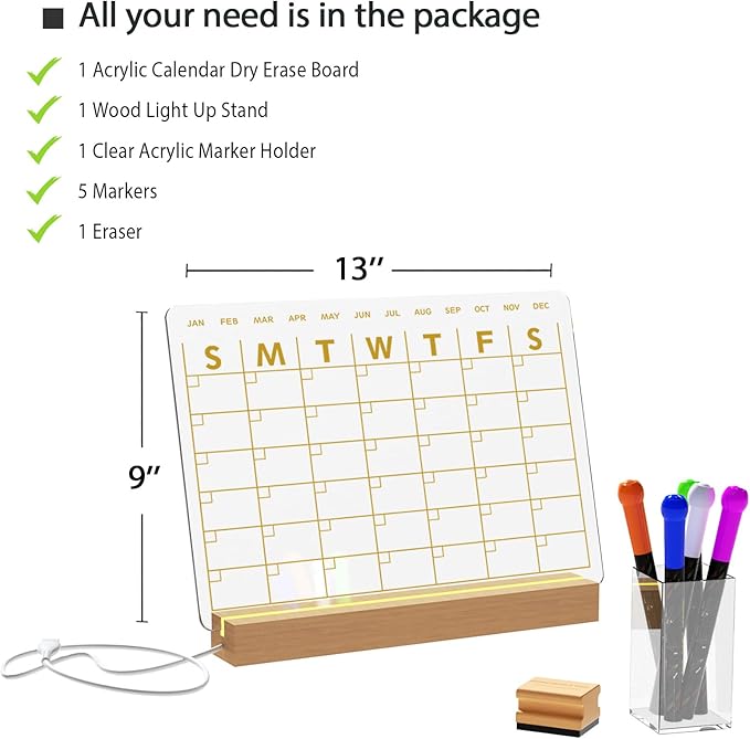 Light Up Clear Dry Erase Calendar 13 x 9 inch with 5 Markers, Acrylic Lighting Markable Calendar Board Agenda for Bedroom/Office/Home/Kitchen