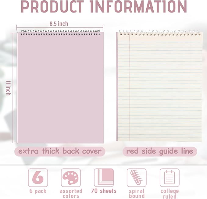 Maitys 6 Pcs Legal Pad Steno Spiral Notebook 8.5" x 11" Top Bound Spiral Pads Hard Cover College Ruled Notepad 70 Sheet Pad for School Office University Home(Pastel Color,Whimsical Style)
