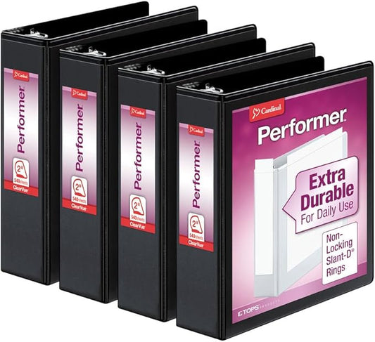 Cardinal Performer 3-Ring Binders, 2", Non-Locking Slant-D Rings, 540-Sheet Capacity, ClearVue Presentation, Non-stick, PVC-Free, Black, 4-Pack (27501)