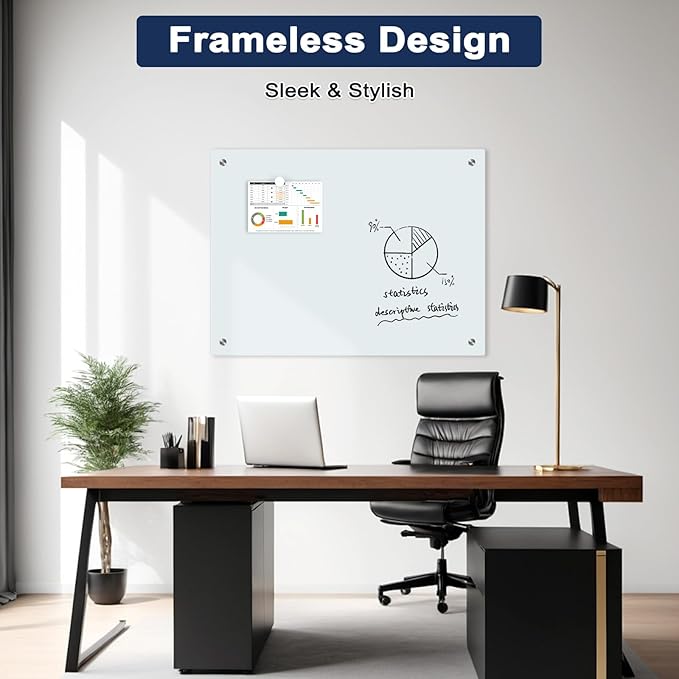 Magnetic Glass Whiteboard, 8' x 4' Glass Dry Erase Board for Wall, 96" x 48" Large Frameless White Board with 1 Marker Tray and 10 Magnets for Office, Home, Classroom - Normal White