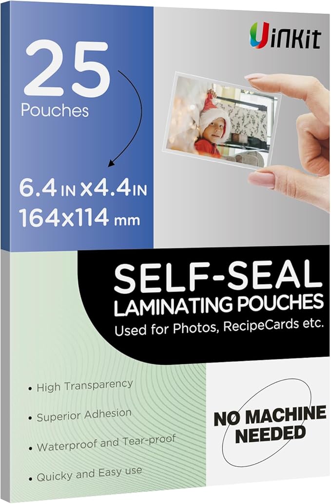Uinkit 25Pack 4"x6" Self Seal Laminating Pouches, 10Mil Double-Sided for Recipe Cards & Photos, Waterproof Thick Plastic Sleeves to Preserve Pictures, Index Flashcards, Menus