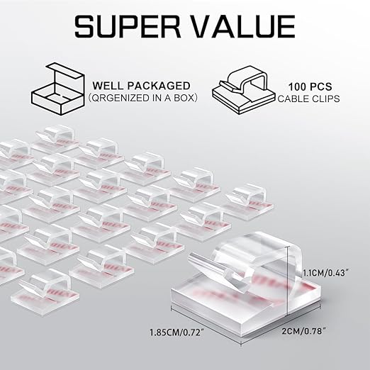 KGROTE 100PCS Cable Clips, Adhesive Wire Clips Strong Cord Clips Wire Holders, Cable Management Clips for Desk, Wall, Car, TV, Ethernet Cable (Clear, Medium)