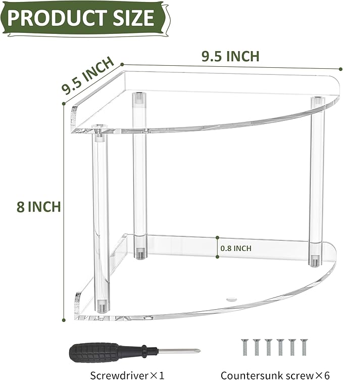 Sezanrpt 2 Tier Acrylic Corner Shelf Organizer Storage 9.5x9.5x8 Inch, Transparent Countertop Corner Shelf for Bathroom, Kitchen, Bedroom, Office, Study Room