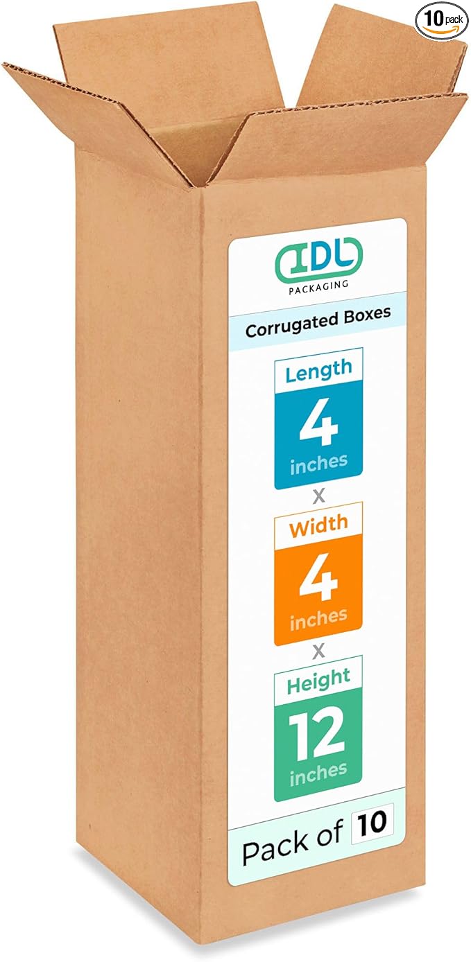 Tall Moving & Shipping Boxes 4x4x12 inches (10-Pack) - Extra Strength 200 lb vs Regular - Corrugated Moving Boxes for USPS/UPS/FEDEX - Cardboard Box - Eco Shipping Box by IDL Packaging