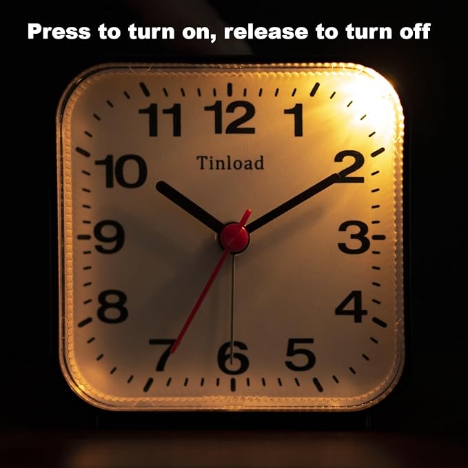 Tinload Small Battery Analog Alarm Clock Silent Non Ticking, Ascending Beep Sounds, Snooze,Light Functions (Black-B)