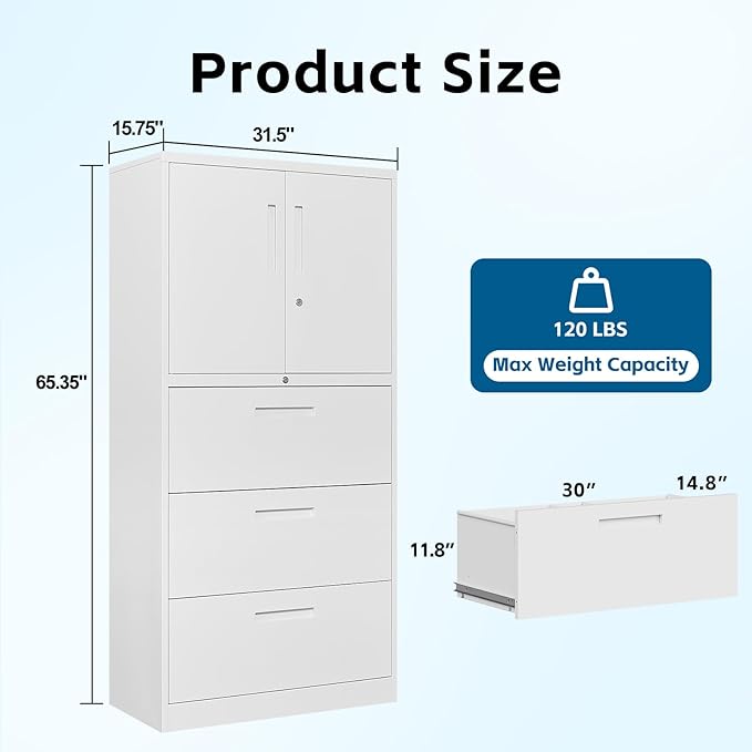 PEUKC 3-Drawer Metal File Cabinet, Lateral Vertical Filing Cabinets for Home Office, Locking Cabinet with Storage Shelves, Legal/Letter/A4 Size Office File Cabinet,(White, Assemble Required)