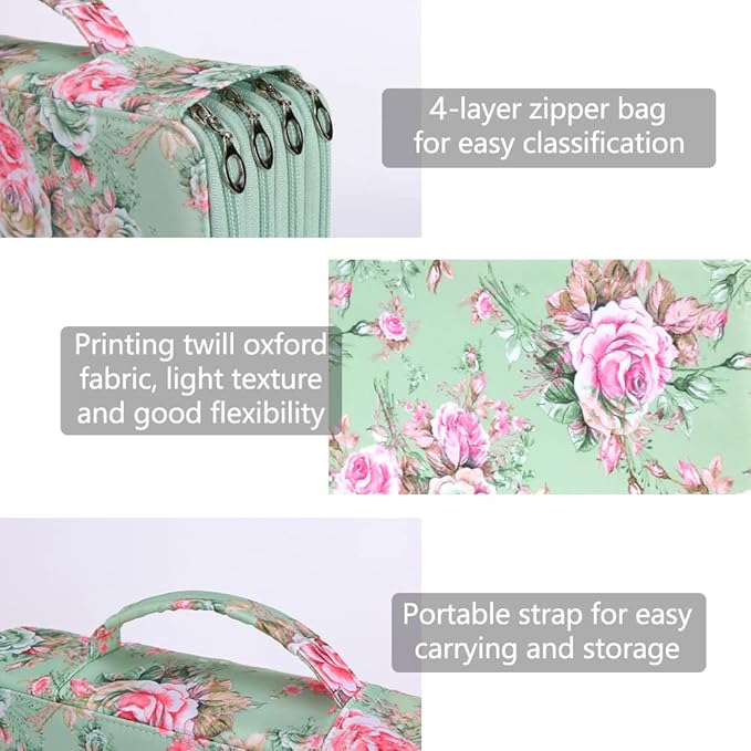 Vomgomfom Large Capacity Colored Pencil Case - Twill Fabric Holder With Zipper Closure for 300 Pencils or 200 Gel Pens, Organizer for Artists (Green Rose)