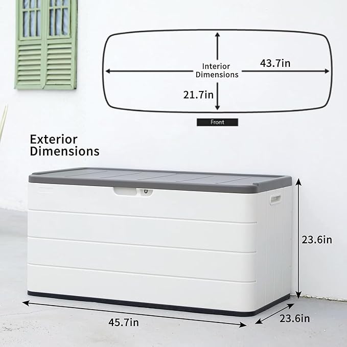 Decksplore 100 Gallon Outdoor Storage Box Waterproof Lockable Resin Deck Box Large, Patio Storage Bin for Pool Accessories Cushion Furniture, Garden Tools, UV-Resistant Outside Delivery Black&White
