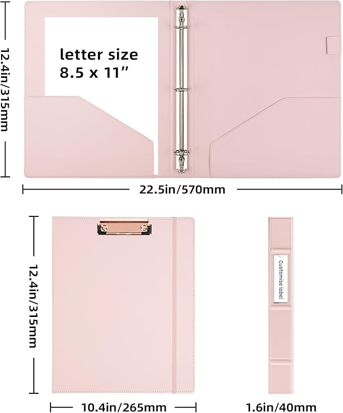 Ospelelf 3 Ring Binder with Clipboard 1 Inch Leather Binder for Letter Size (8.5" x 11"), Clipboard Binder with 5 Tab Dividers for School, Office, Pink