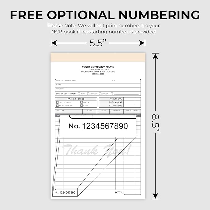 Custom 5.5" x 8.5" Carbonless NCR Books in 2-Part Duplicate Invoices, Receipts, Work Orders, Sales Orders, Purchase Orders, Estimates, Quote Forms with Your Company/Business Name (100 Sets)