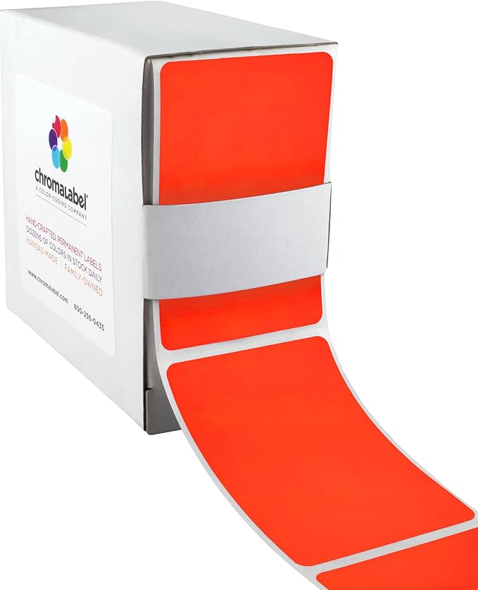 ChromaLabel 2 x 3 inch Permanent Color Code Rectangle Labels, 250 Labels per Dispenser Box, Fluorescent Red Orange