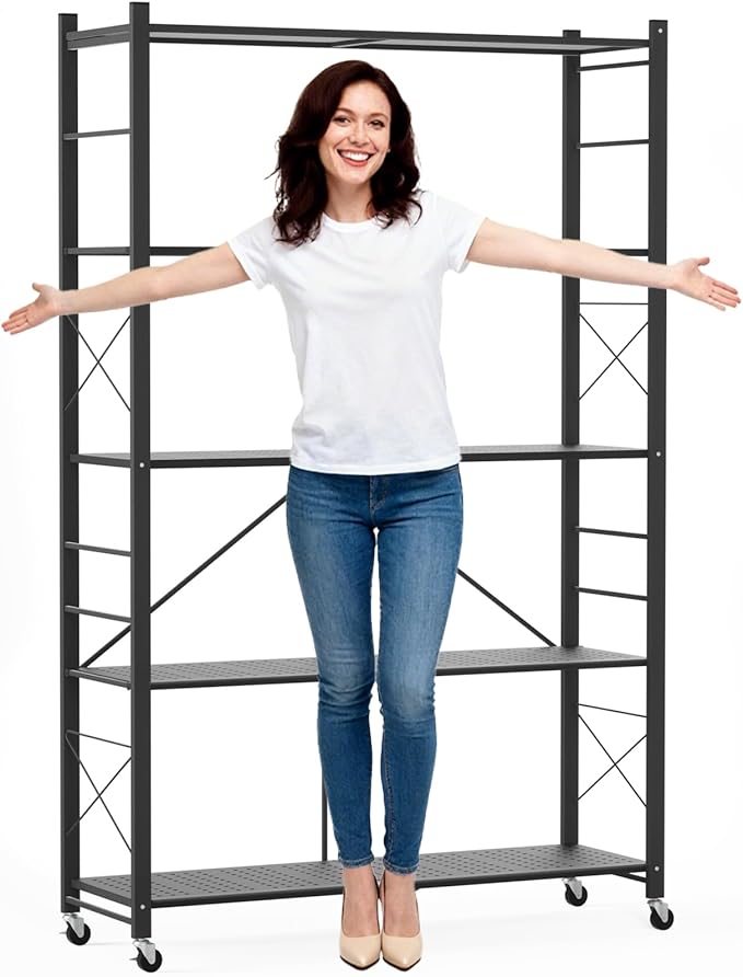 ALANNG 40" W Foldable 5-Tier Storage Shelves with Wheels, Adjustable & Removable Metal Rack, Heavy Duty Rolling Organizer for Kitchen, Garage, Closet, Pantry, and Office (Black,1 Pack)