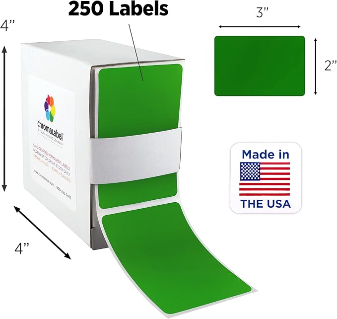 ChromaLabel 2 x 3 inch Permanent Color Code Rectangle Labels, 250 Labels per Dispenser Box, Green