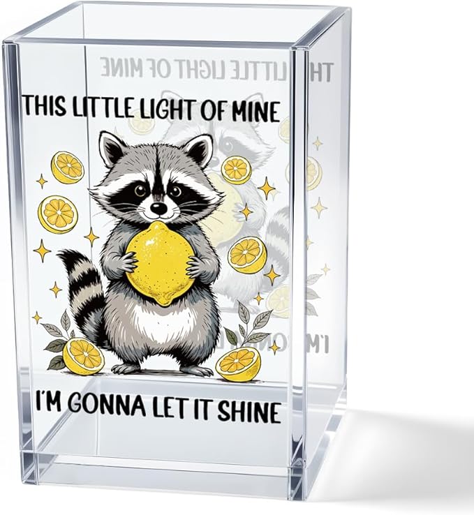 Vgrti This Little Light Of Mine I'm Gonna Let It Shine Acrylic Cosmetic Pencil Pen Holder Cup, Funny Raccoon Lemon Pen Holder Cup, Raccoon Lover Gifts, Mental Health Gifts for Women Colleague Teacher