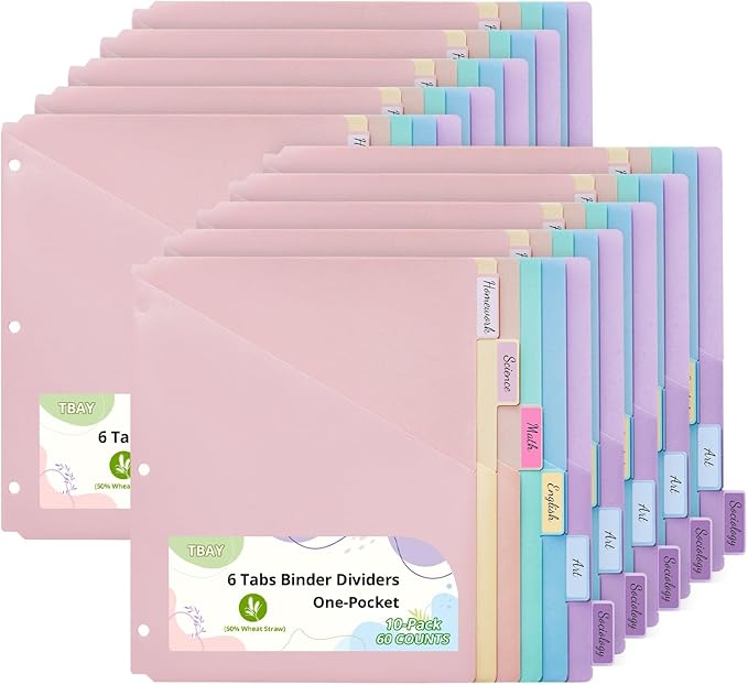 Bundle 10 Packs 6-Tab Letter Size Dividers for 3 Ring Binder, 60 Counts Wheat Straw Binder Dividers with One Pocket, 6 Pastel Colors, Perfect for School, Office Supplies (10)