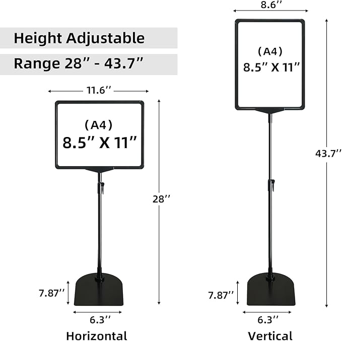 Sign Holder, 8.5 x 11 Inch Sign Stand with Adjustable Height Snap Open, Reusable Sign Stands for Display Advertising Business Signage, Vertical and Horizontal Two View Modes (Black, 12 Pack)