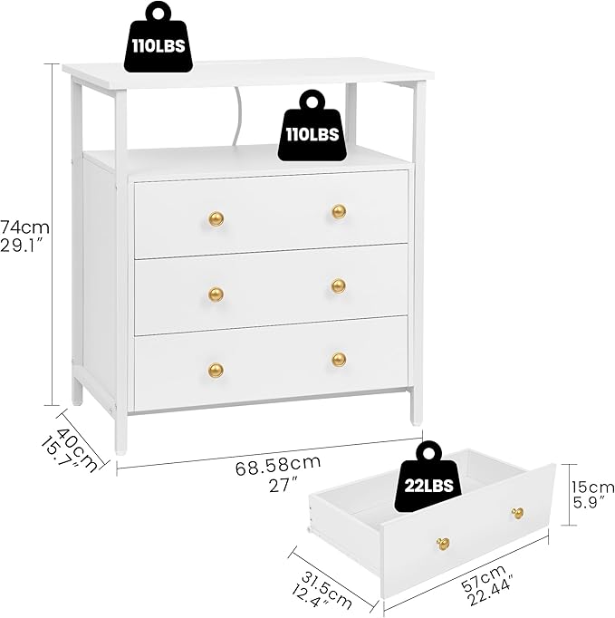 Edbuosy 3 Wooden Drawers Night Stand, 27 Inch Wide Nightstand with Charging Station and Adjustable Drawers, Small Dresser for Closet, Bedside Table for Living Room/Bedroom/Office, White.
