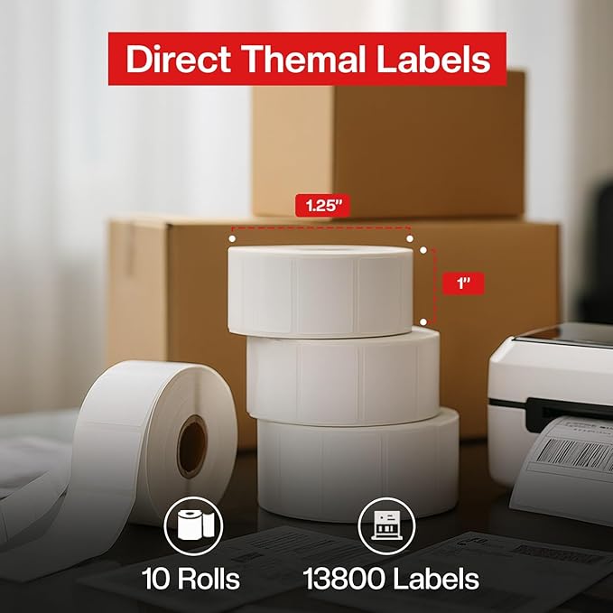1 1/4” × 1”Direct Thermal Printer Labels, 10 Rolls, 13,800 Matte White Thermal Barcode Labels with Strong Adhesive, Compatible with Zebra & Eltron Printers (No Ink or Toner Needed)