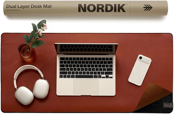 Nordik Felt and Leather Desk Mat - Emberwood Brown - 35x17 Inch Felt and Vegan Leather Desk Blotter with Document Hideaway - Large Computer Mats for Desktop - Ideal Keyboard Mat for Office and Home