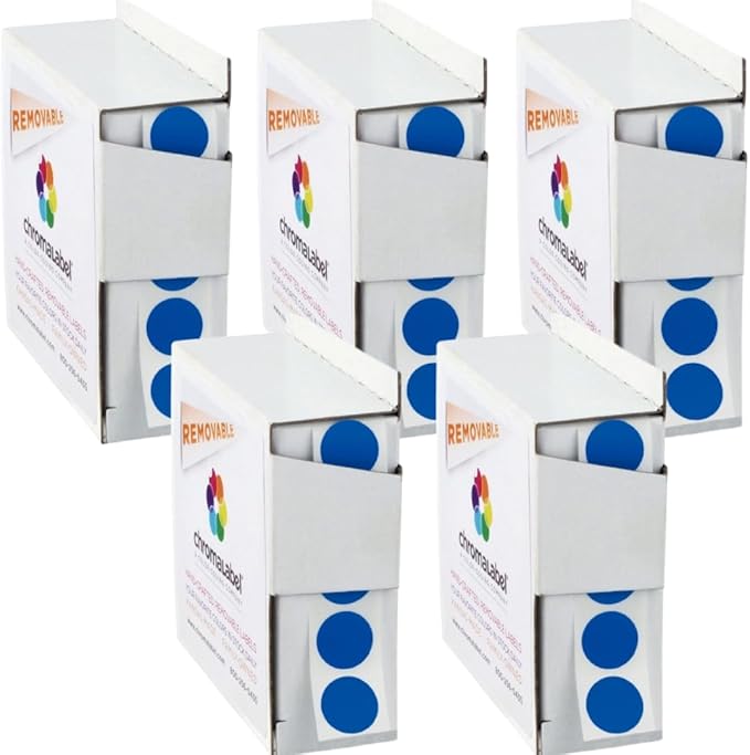 ChromaLabel 1/2 Inch Circle Sticker Labels, Easy to Write On Round Color Coding Labels, Removable Sticky Dots - 1000 Label Stickers per Dispenser Box, Dark Blue Sticker Dots - Case of 5