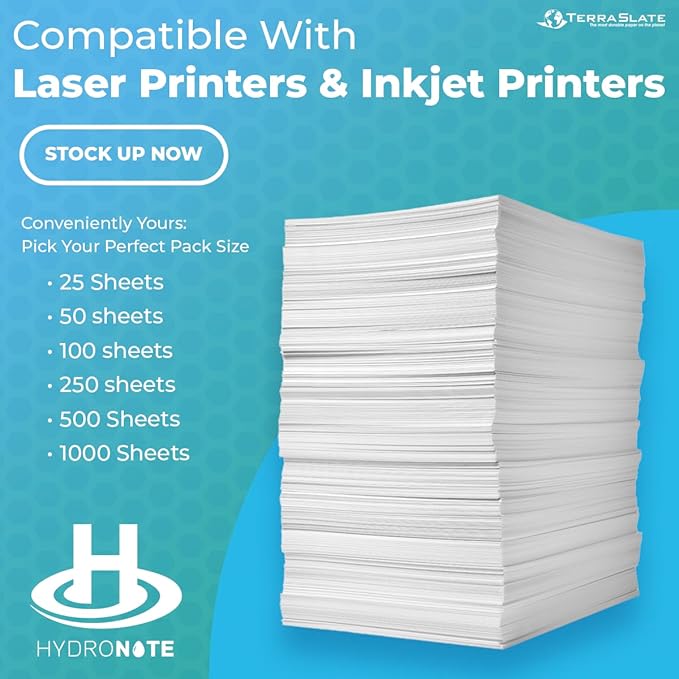 TerraSlate Waterproof Paper - Hydronote 54lb Multipurpose Copy Paper 8.5” x 11”, 100 Sheets, Inkjet Printer and Laser Printer Paper Compatible - Weather/Rain Proof, Durable, White Paper