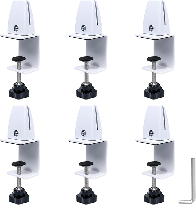 Adjustable Desk Divider Partition Clips, Sneeze Guard Support Clamps for 1/8" to 1" Thick Panels, Desk Privacy Panel Clips for Office and Home Use, 6-Pack, White