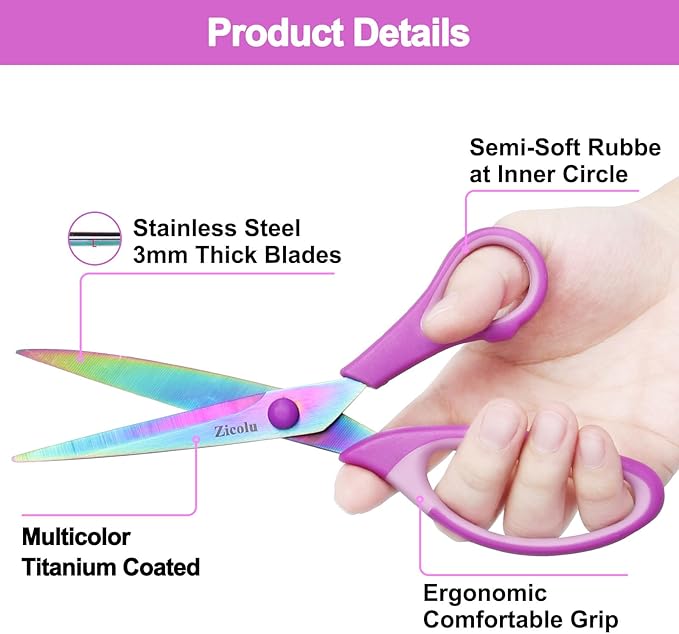 8.5" Scissors All Purpose, Multipurpose Office Scissors Set, Titanium Coating Sharp Blade, Soft Comfort-Grip, Ideal for Fabric, School, Home, Craft & Sewing, Right/Left Handed, Assorted Color, 3 Pack