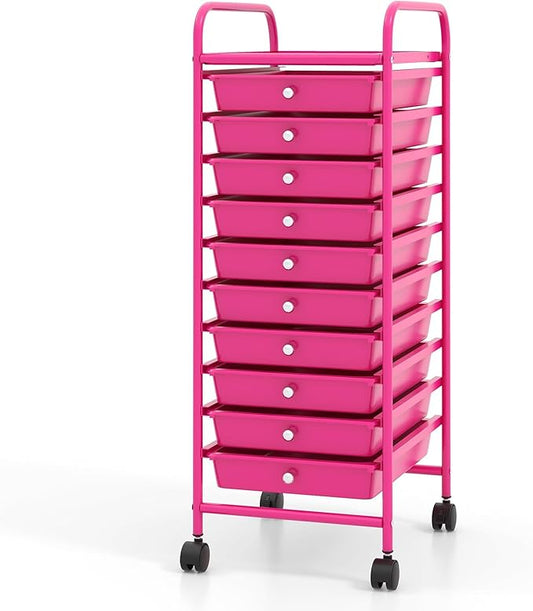 GLACER 10 Drawers Rolling Cart, Storage Cart with w/Removable Drawers & Steel Frame, Utility Mobile Trolley w/Universal Casters & 2 Brakes, Organizer Cart for Home, School, Office (Hot Pink)