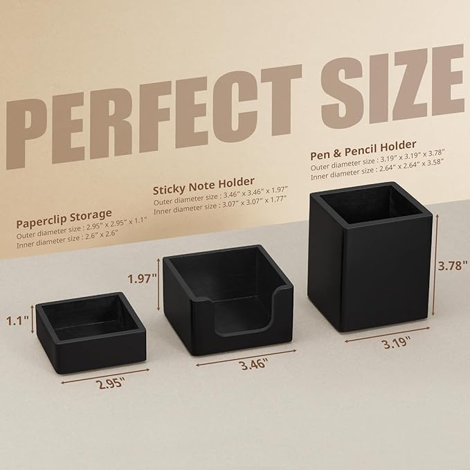 CMLKLZD Black Desk Organizer Set of 3 - Wood Office Desk Accessories - Desk Organizers and Accessories for Women Men - Set incl. Pencil Pen Holder, Paperclip Storage and Sticky Note Holder