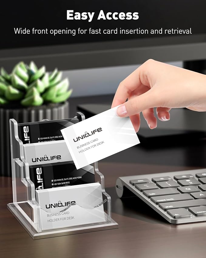 Uniclife Acrylic Business Card Holder for Desk 4 Slots Clear Horizontal Business Card Display Stand for Men & Women Desktop Name Card Organizer Card Stand for Office Home Exhibition, 240 Card Capacity