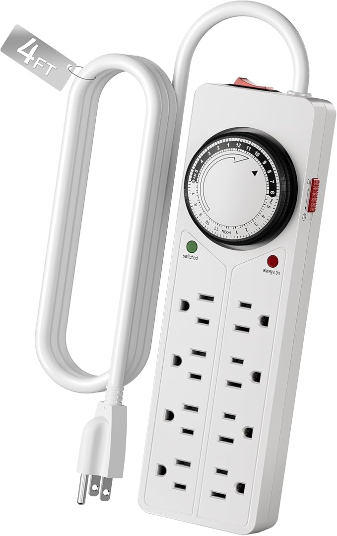 BN-LINK 8 Outlet Surge Protector with Mechanical Timer (4 Outlets Timed, 4 Outlets Always On) - White