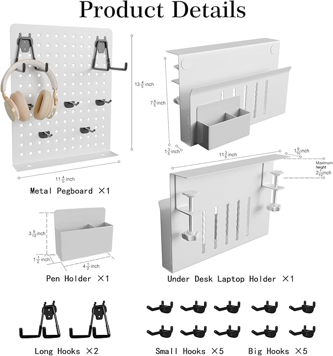 Henitol Clamp-on Desk Pegboard,Desk Side Storage,Steel Privacy Panel,No Drill Side Desk Organizer with Pen Holder,Table Side Organizer Laptop Holder for Office and Home (White)