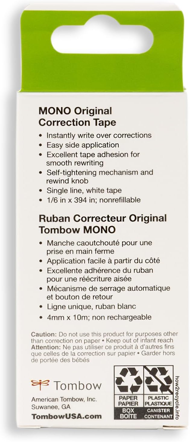 Tombow 68627 MONO Correction Tape, Non-refillable, White, 1/6" x 394", 2 Count (Pack of 1)