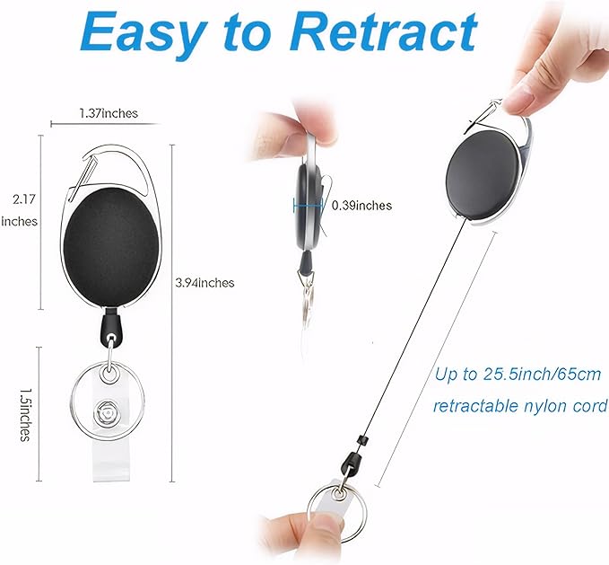 SOVYOULIVE 5 Pack Heavy-Duty Retractable Badge Holders with Carabiner Clip and Key Ring, Black ID Badge Reel for Office, ID Card Holder and Key Chain